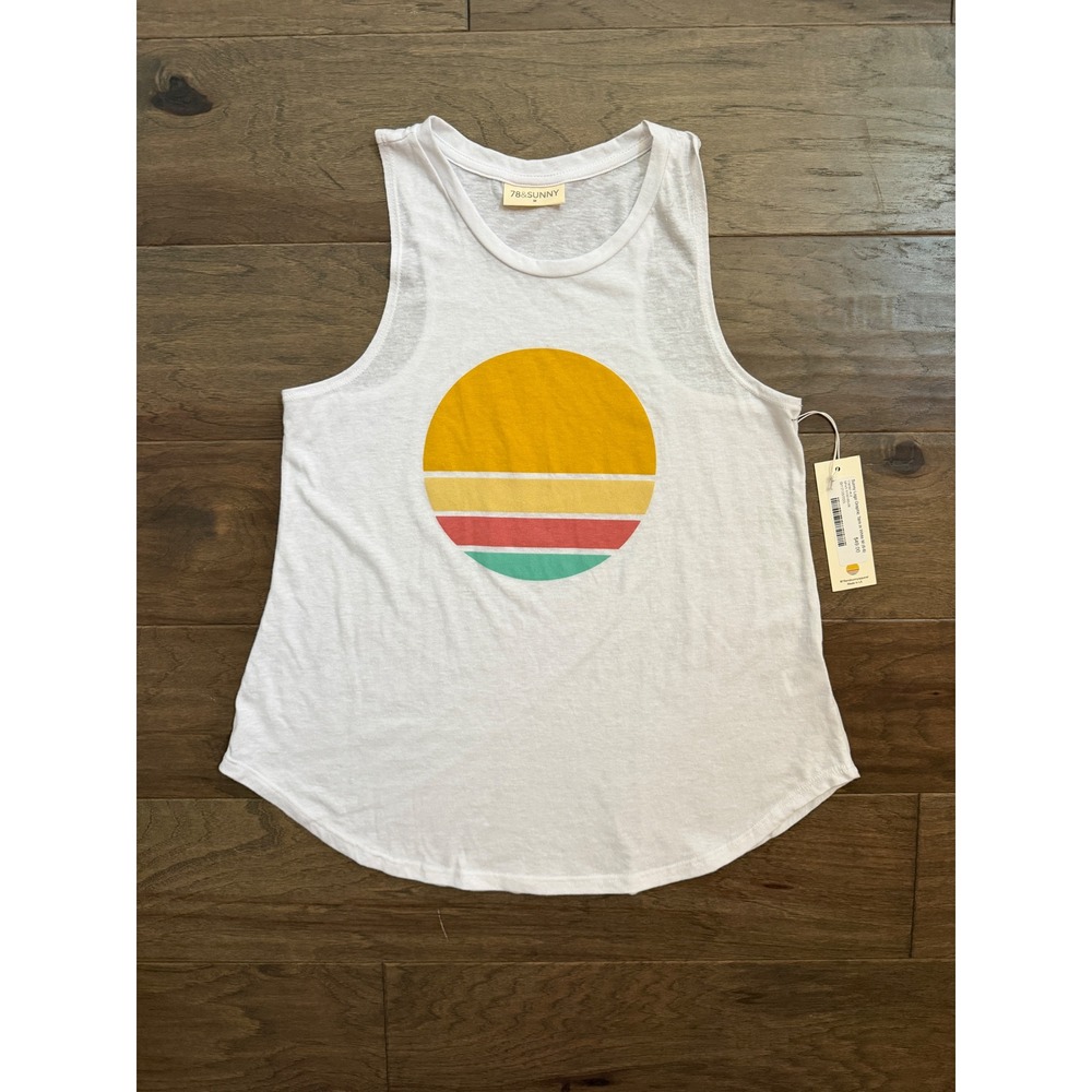NWT‎ 78&Sunny Graphic Tank Top Womens Medium White Retro Sun Slub Knit Relaxed